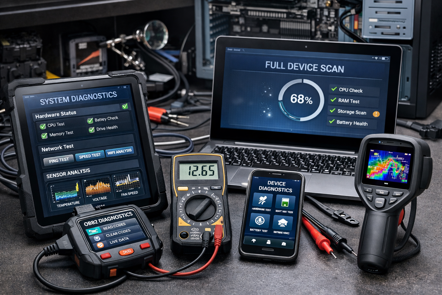Diagnostic tools on a tech workbench